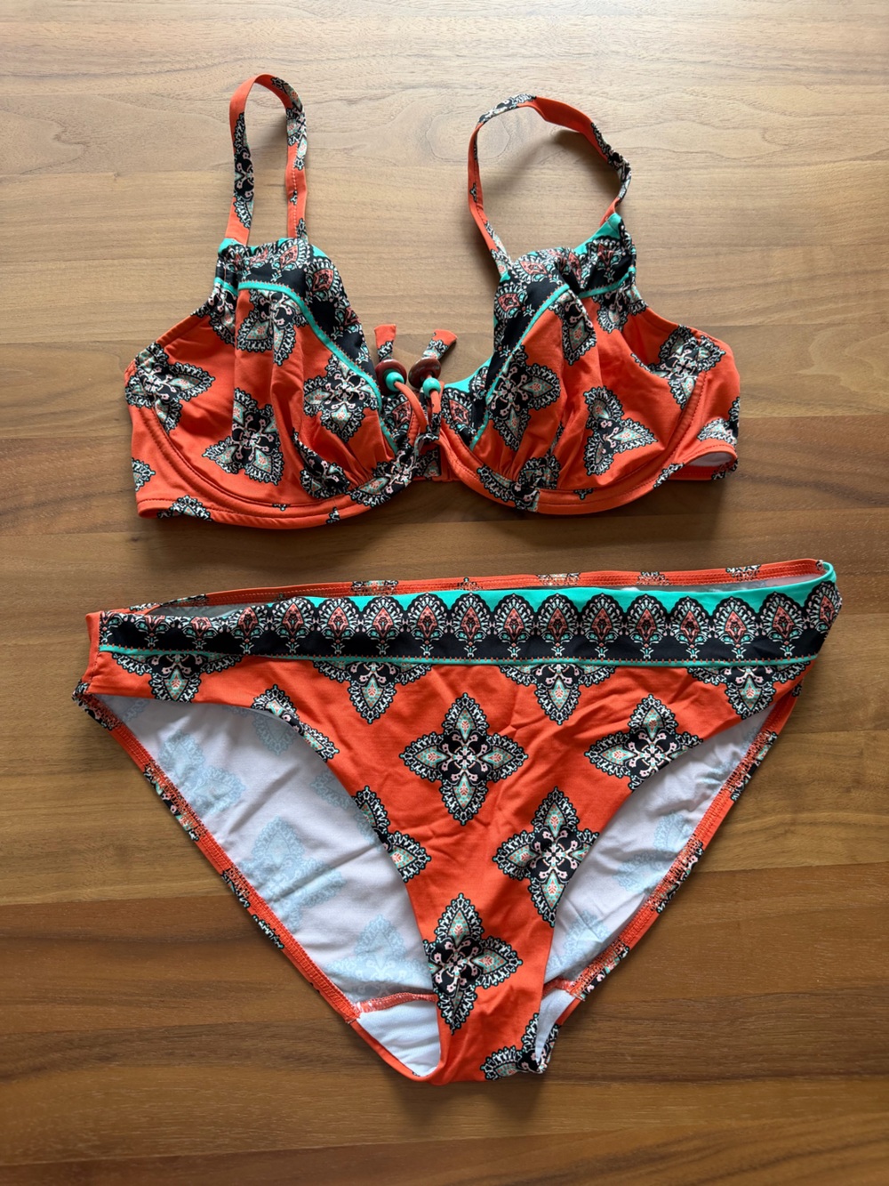 Chantelle Orange Patterned Two-Piece Bikini Set with Teal Trim. Size euro75E, 42